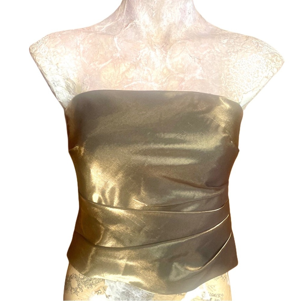 Simon Chang Rouched Bustier Corset Cami Green Gold Shimmer Size 6
